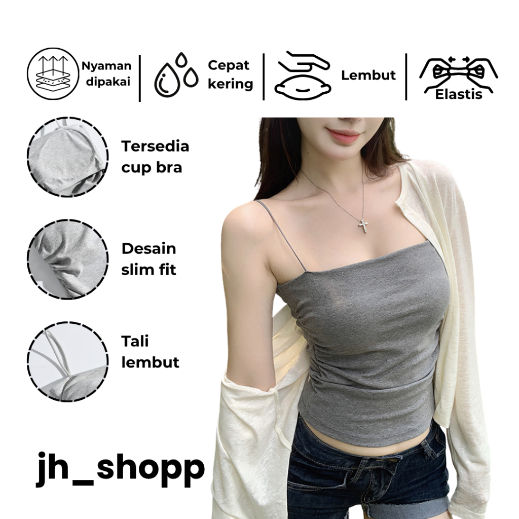 JH Tanktop bra wanita panjang seamless cup busa tali kecil spaghetti kerut samping