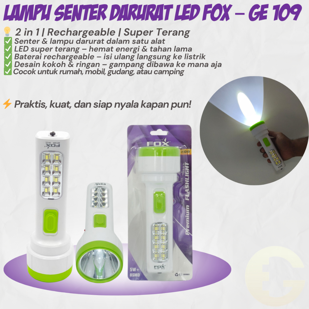 Lampu Senter Emergency LED FOX GE 109 NEW – Rechargeable 2in1 Super Terang Portable Rumah & Outdoor