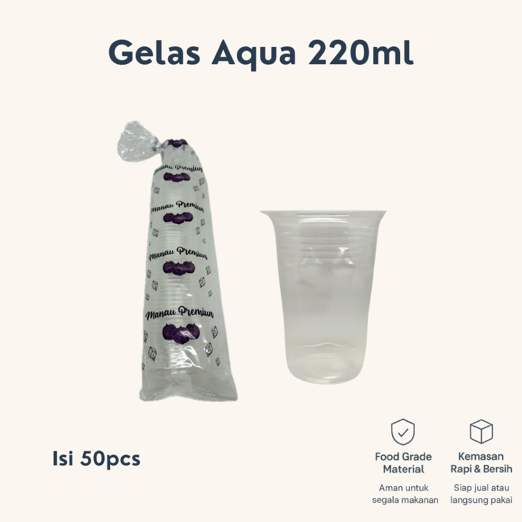 (50PCS) Gelas Aqua Plastik 220ml Bening | Gelas Kopi | Gelas Cup Plastik