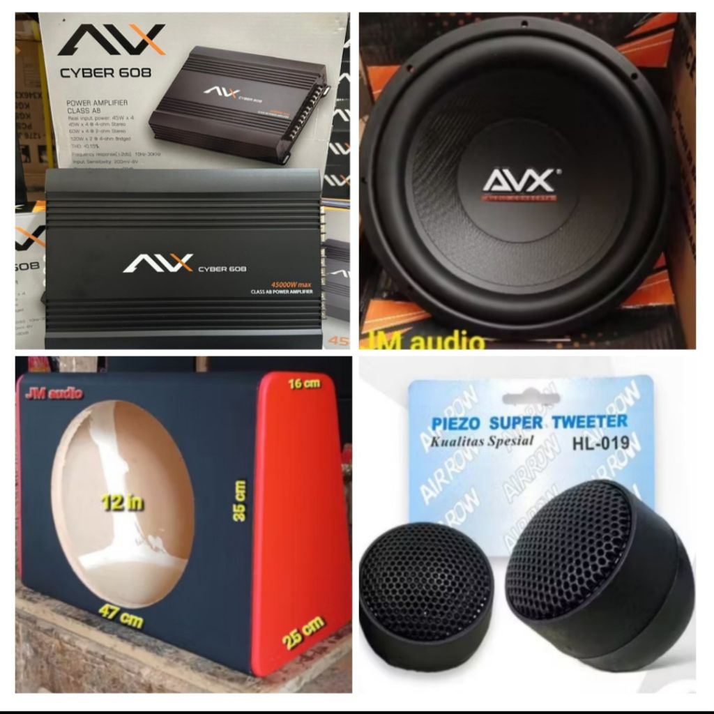 Paket audio mobil,power 4ch avx,sub 12in avx,box 12in,bunus twiteer(Universal)