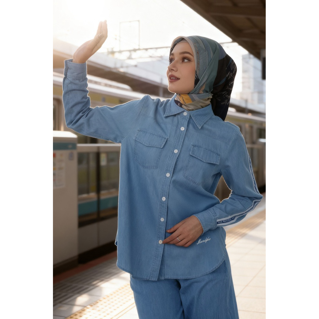MANDJHA CHESTER LIGHT BLUE DENIM BLOUSE  By IVAN GUNAWAN - Busana Muslim Modest ORIGINAL