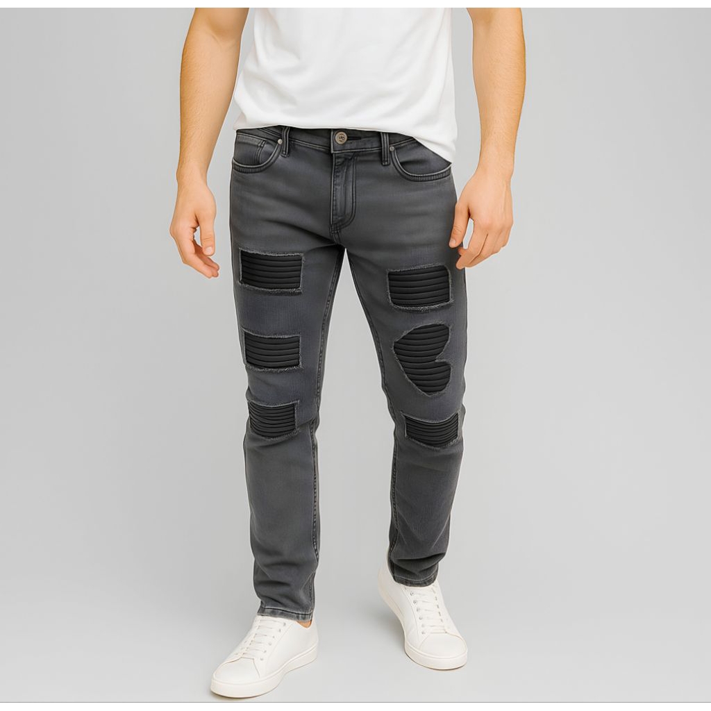 Celana Jeans Leather patch bikers / Celana  Sobek Starboy Leather patch