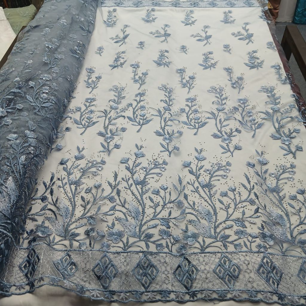 Kain Tulle bordir stone motif bunga | kain tile bordir dua warna | kain tile bordir atas bawah sama 