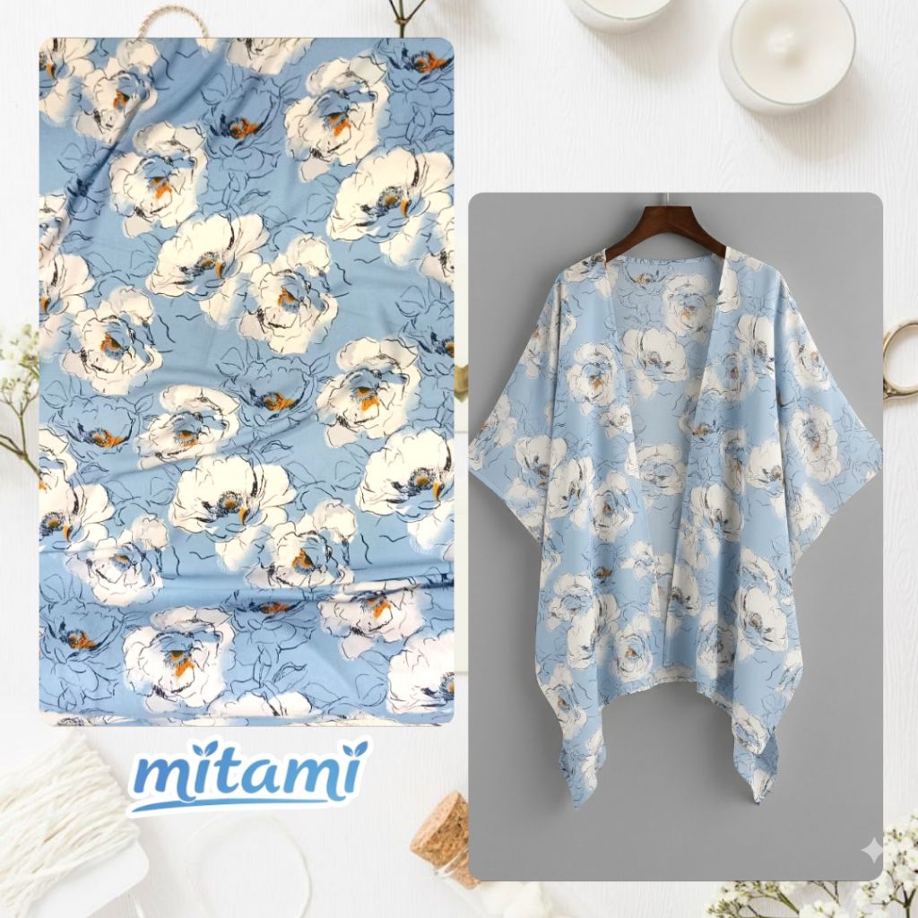 Kain Nasiji Crepe Motif Bunga Biru Putih – Bahan Jahit Dress, Blouse, Gamis (Harga Kain Per½ Meter)