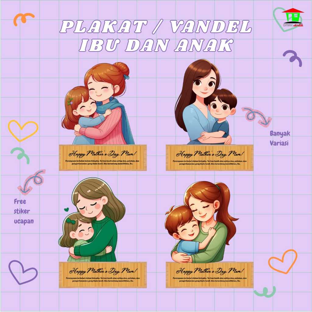 PLAKAT AKRILIK SPESIAL HARI IBU CUSTOM TULISAN / PIALA IBU DAN ANAK MODEL LUCU AESTHETIC / VANDEL AC