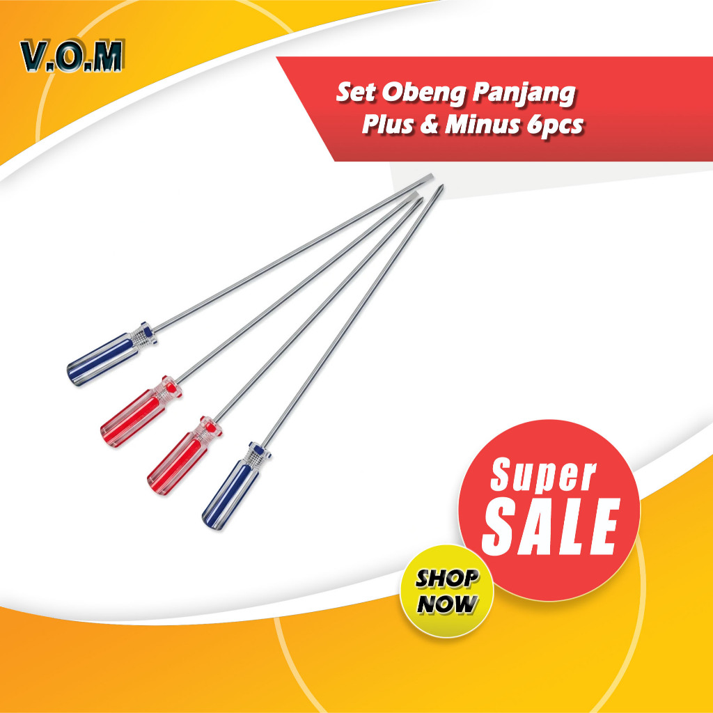 Set Obeng Panjang Plus & Minus 6 Pcs | Gagang Transparan Merah Biru – Obeng Baja Presisi A267