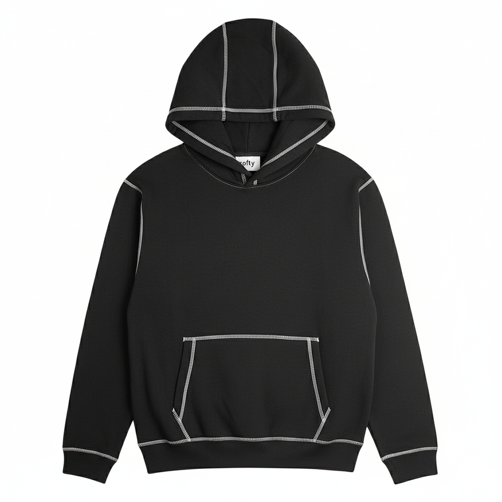 Xofty Sweater Hoodie Boxy Fit Pria Dan Wanita Reverse Black