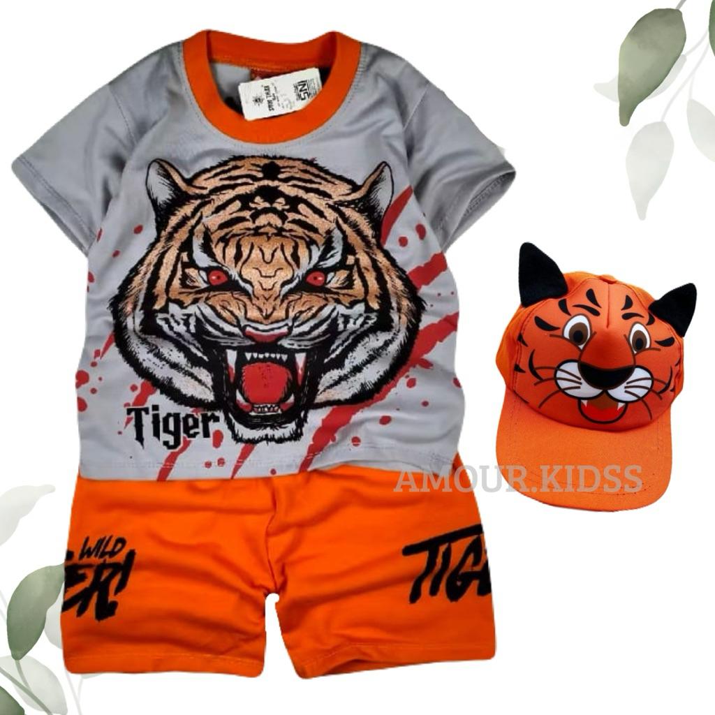 BAJU SETELAN ANAK MOTIF TIGER SETELAN ANAK LAKI LAKI MOTIF HARIMAU LUCU ADA TOPI UNTUK UMUR 1-10 TAH