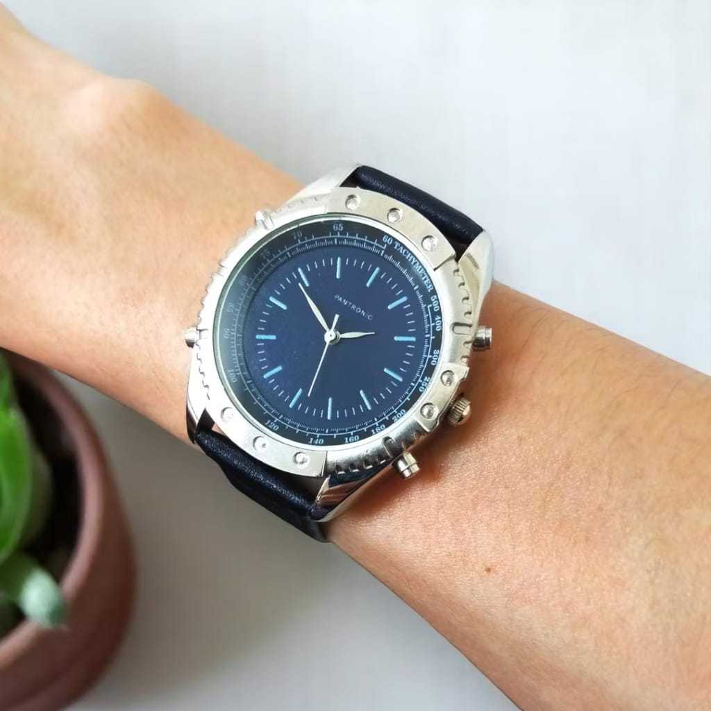 Jam Tangan Pria Warna Hitam Kulit Asli Genuine Leather Stainless Steel Back Pantronic P928