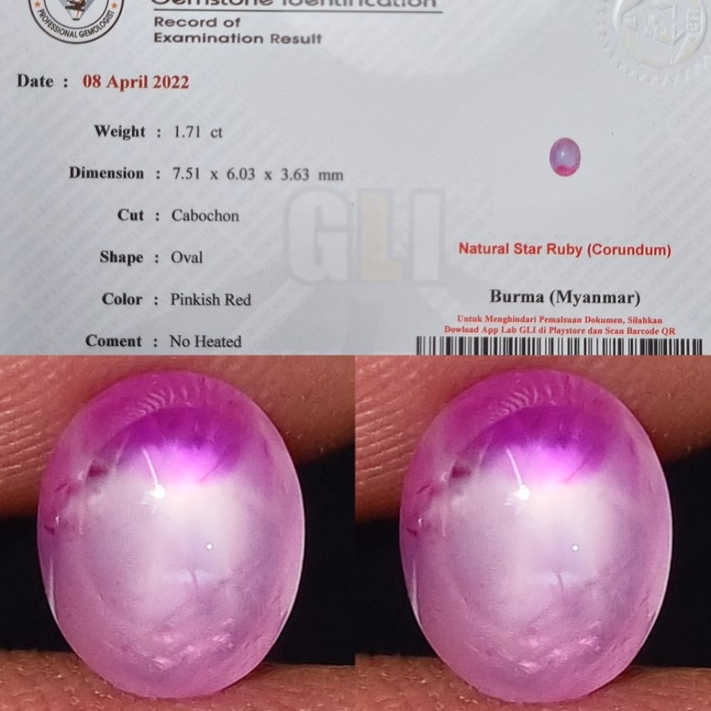 Hot Item Nice Color Natural Star Ruby 1.71 Crt No Heated Burma myanmar