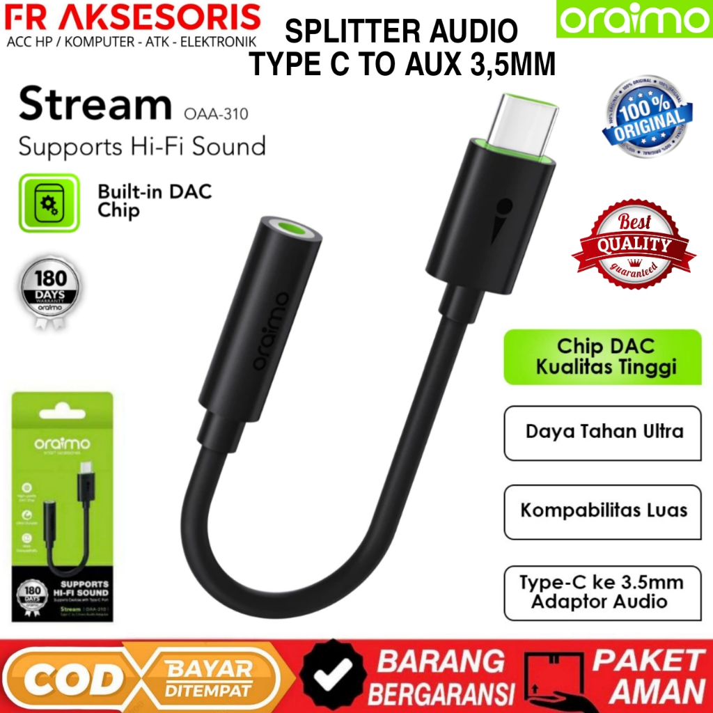 Splitter AUDIO TYPE C TO AUX 3,5mm Oraimo OAA-310 DAC Chip SPLITTER TYPE C TO 3,5MM DAC HIFI HD SOUN