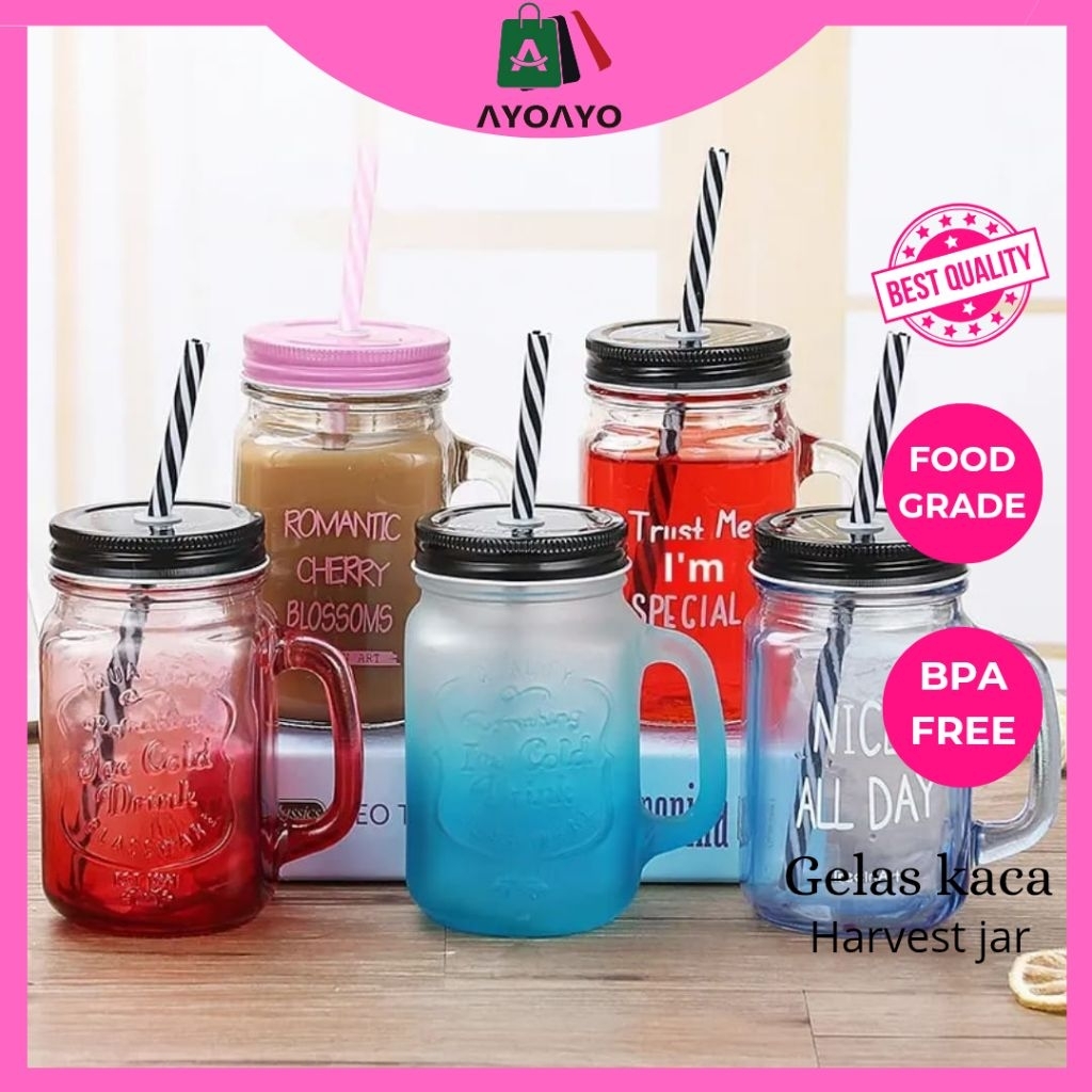 Gelas Harvest Jar Tutup Plastik | Harvest Drinking Jar | Gelas Minum Unik | Harvest Jar Tutup Plasti