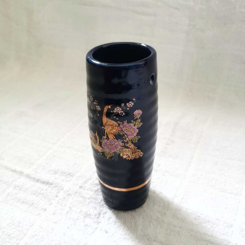 Vintage Kutani Cobalt Blue Peacock and Floral Motif Satsuma-style Japan Vase t15 / Vas Kutani Biru J