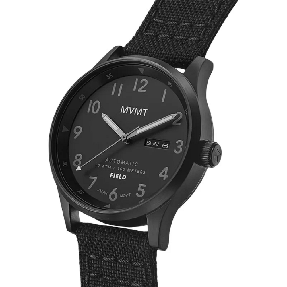 Jam Tangan Pria Man Watch MVMT Field Automatic Men Black Nylon Strap Black Dial