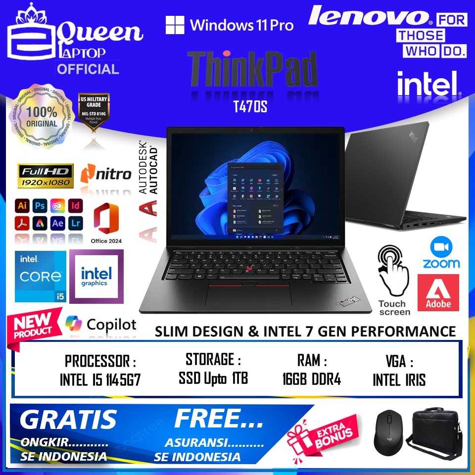 Laptop Lenovo Thinkpad T470S Intel I5 7200U Ram 12GB SSD 512GB nvme Fhd Win10pro Termurah