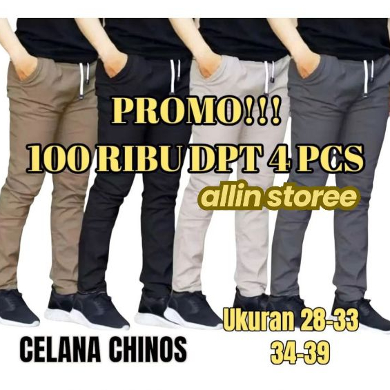 Celana Chino Panjang Pria Slimfit Pinggang Karet / Kolor Rib Paket 4 Pcs  Twill Jova