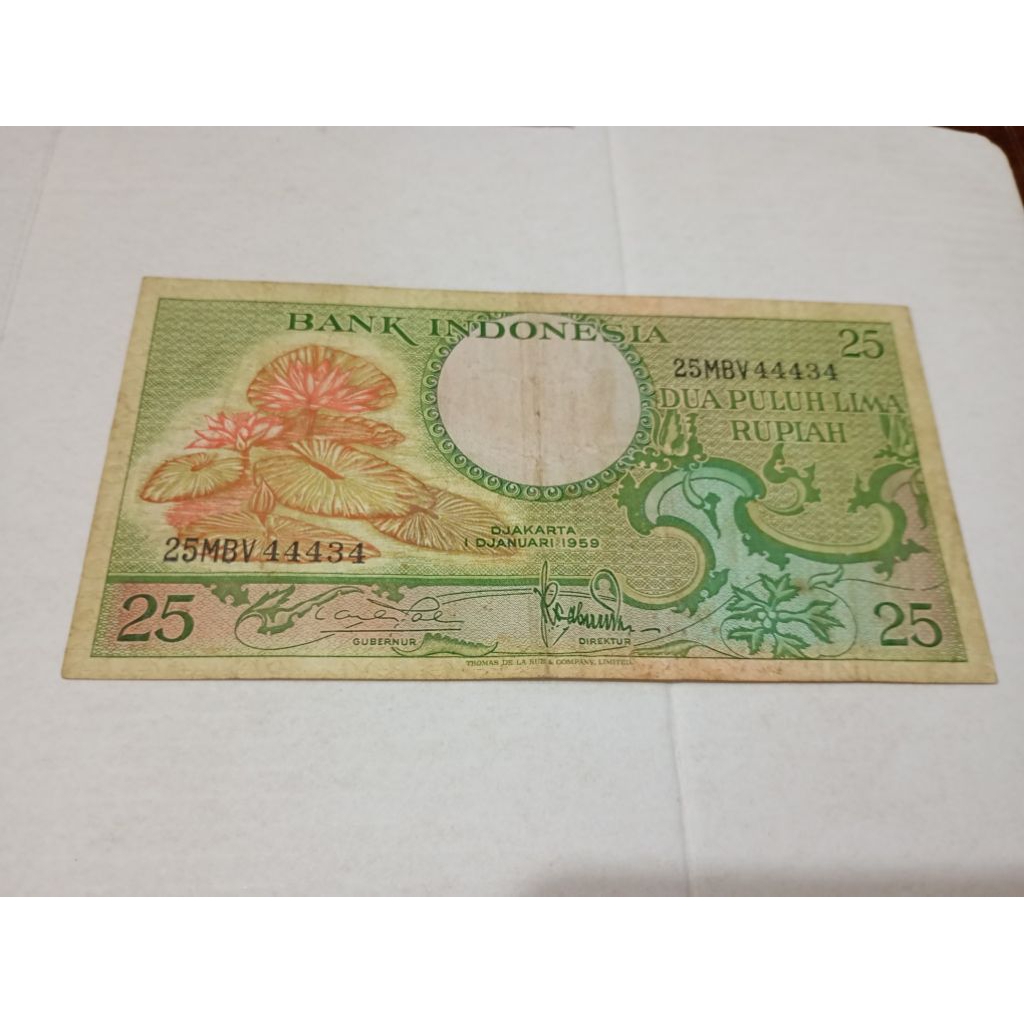 Uang kuno Indonesia Asli 25 bunga No seri 25MBV 444434  (hampir solid 4) tahun 1959 original, layak 