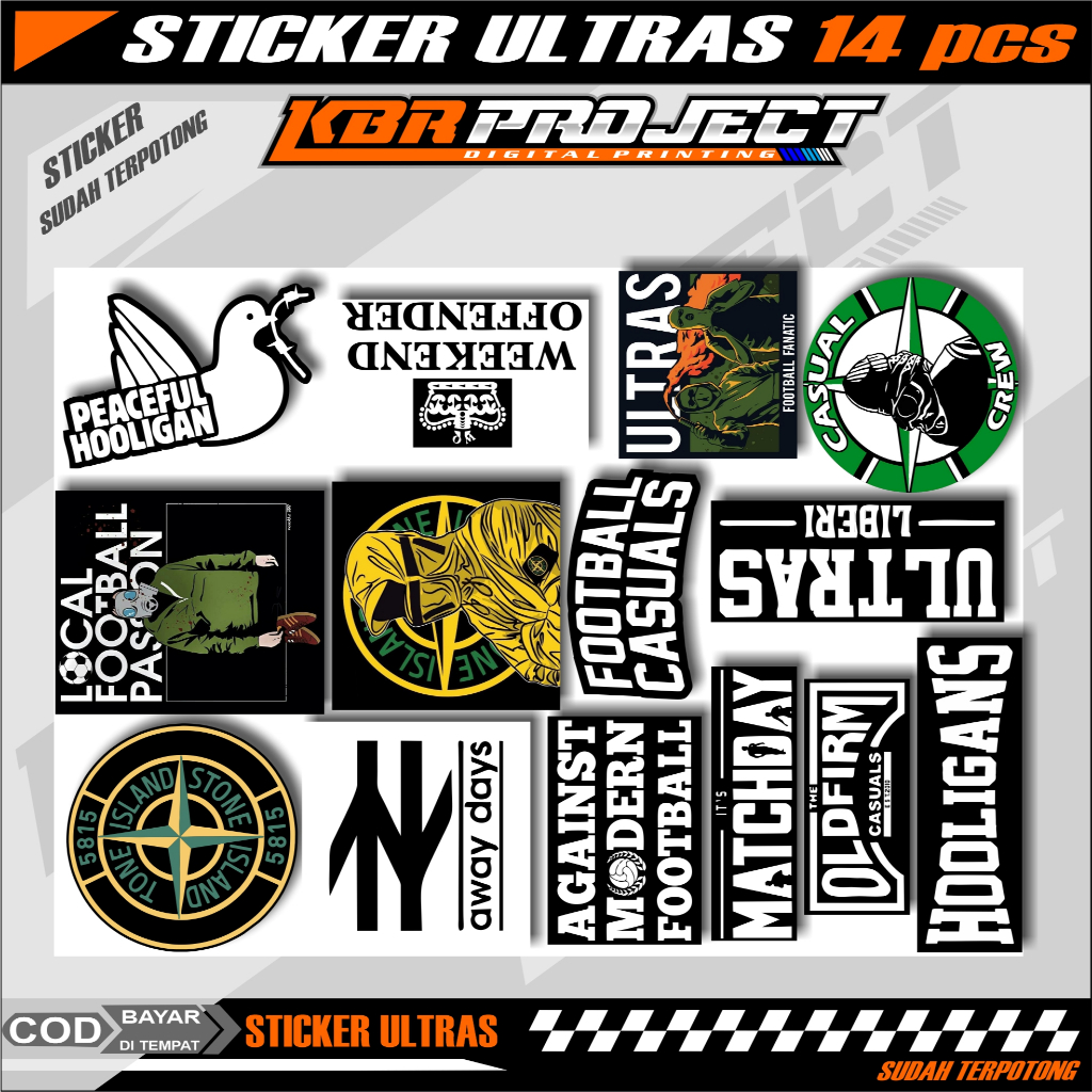 STIKER CASUAL FOOTBAL,HOLIGANS,ULTRAS, ISI 14 pcs STIKER HELM, LAPTOP, CASE HP