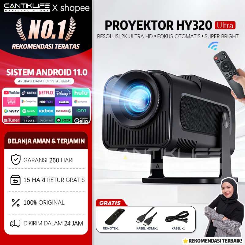 Cantiklife Proyektor Mini HY320 1080P Asl WiFi6 Wireless Cast HP Bluetooth 5.0 Portable Projector un