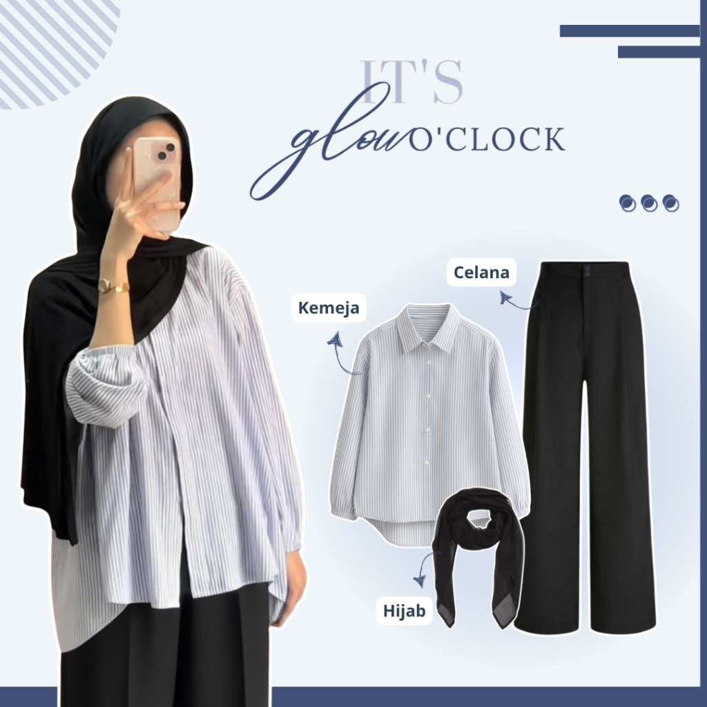One Set 3in1 Kara Shirt - Kemeja Stripe, Celana Kulot, Hijab Bella Square - Outfit Simple - LN198