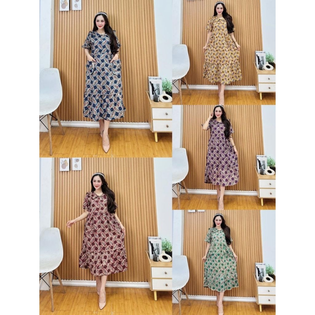 Dress Midi Motif Batik Lengan Pendek – Baju Santai Wanita / Dress Harian Adem dan Nyaman / Midi Dres