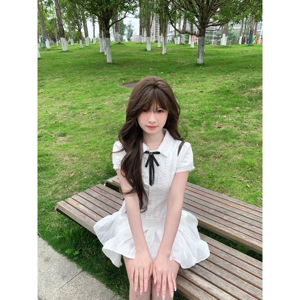 Mini Dress Putih Korea Style Elegant Ribbon Collar Short