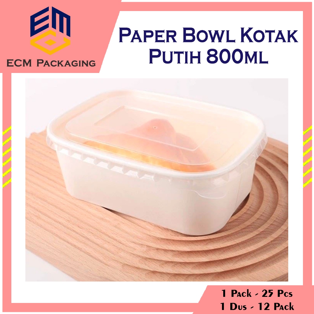 25pcs Paper Bowl Rectangle 800ml + Tutup PUTIH | Paper Thinwall Laminasi Food Container Kertas Kotak