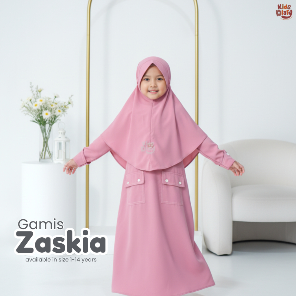 Gamis Anak Set Hijab Perempuan Polos Syar'i  Mix Buttoned Cuff Set Hijab Zaskia Soft Luxe 1-14 Tahun