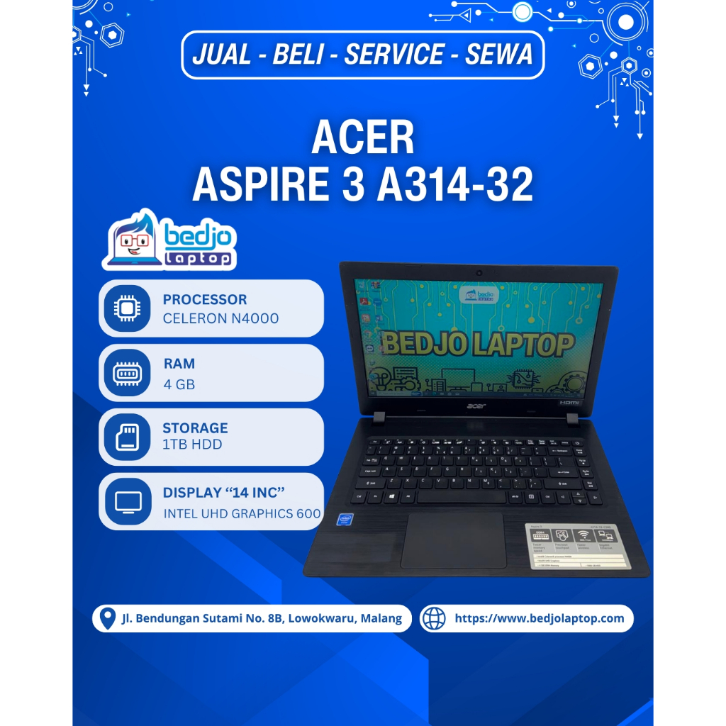 Laptop Acer Aspire 3 A314-32 TEREFISIEN Laptop Acer ASPIRE 3 A314-32 Bekas HDD 1TB, Laptop Acer Mura