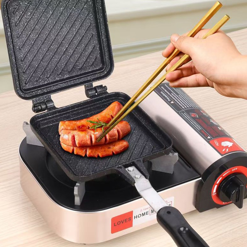 Wajan Panggang Sandwich Dua Sisi Anti Lengket Batu | Cetakan Roti Bakar Praktis Portable Camping