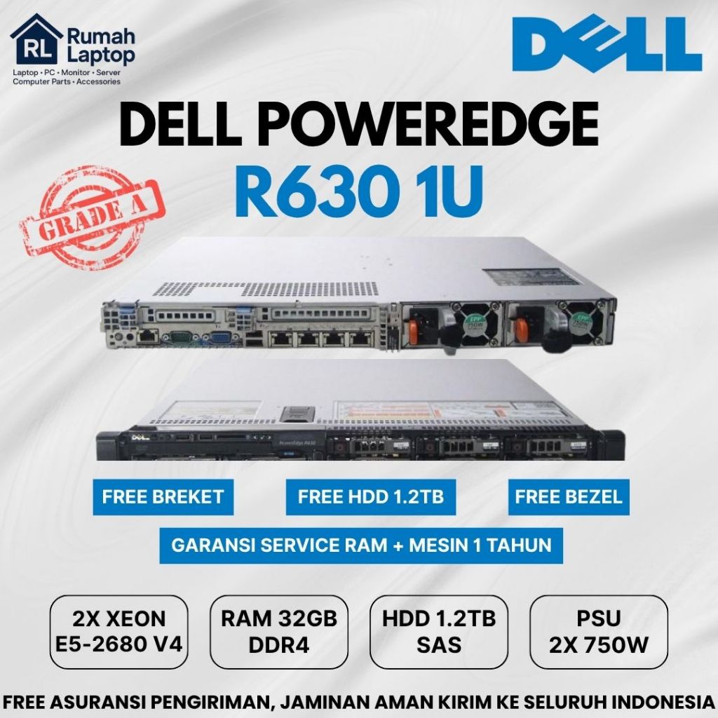 PC Server Dell R630 1U Intel Xeon E5-2680 Ram 32gb Hdd 1.2tb SAS Server sekolah / Rumah sakit