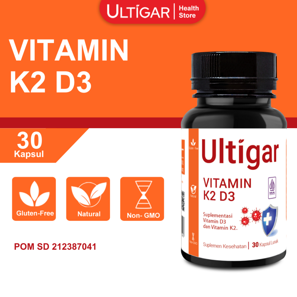 Ultigar Vitamin K2 + D3 -  K2 120 mcg D3 400 IU - Botol isi 30 Kapsul Lunak - Suplemen Kesehatan