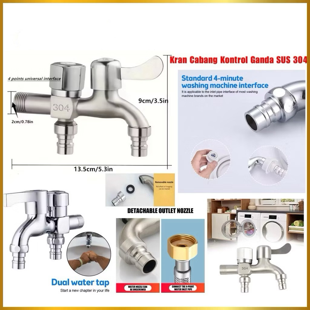 Kran Cabang Kontrol Ganda Sus 304 Kran Cabang Tembok Shower Mesin Cuci Serbaguna