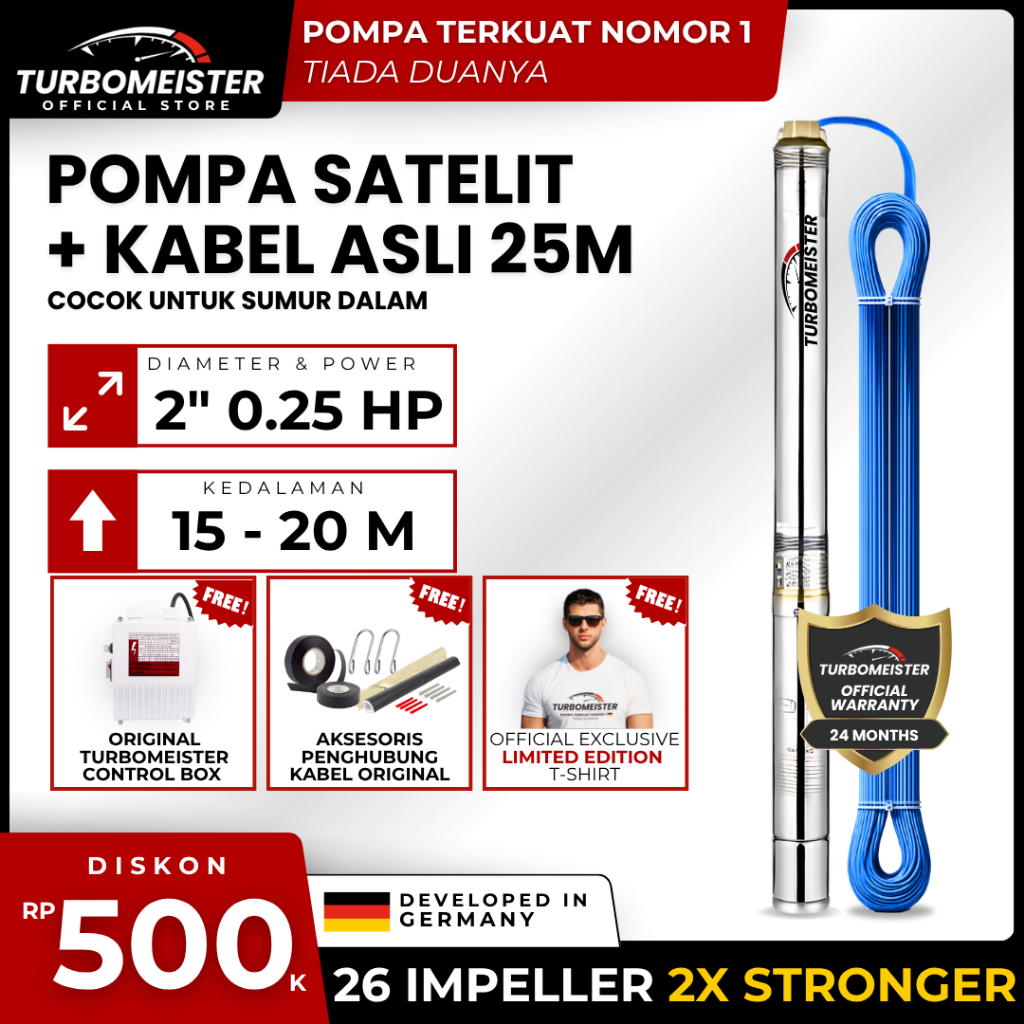 Pompa Satelit 2 Inch Turbomeister 0.25 HP + Kabel 25 Meter - Submersible / Sibel - Sumur Dalam 20 M