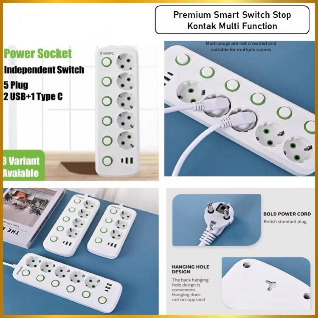 Power Stop Kontak Kabel Smart Switch 2 Meter 5 Lubang 2 USB 1 Type C Port Dengan On Off Power Socket Multifungsi
