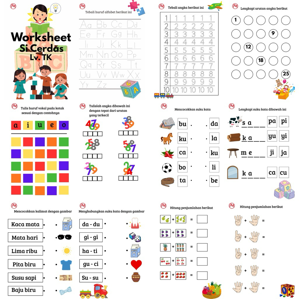 Worksheet anak level TK | Lembar kerja anak 40 lembar