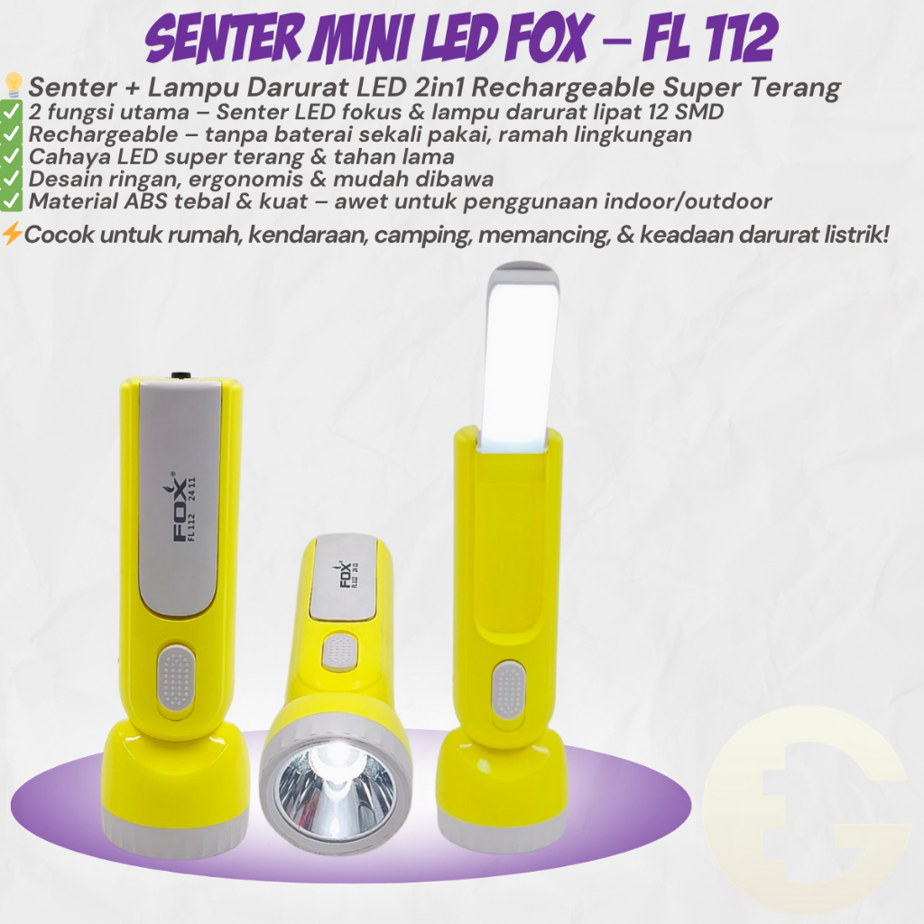 Senter Mini Darurat LED FOX FL 112 Rechargeable | Senter Lampu Emergancy Cas Lipat 2in1 Super Terang