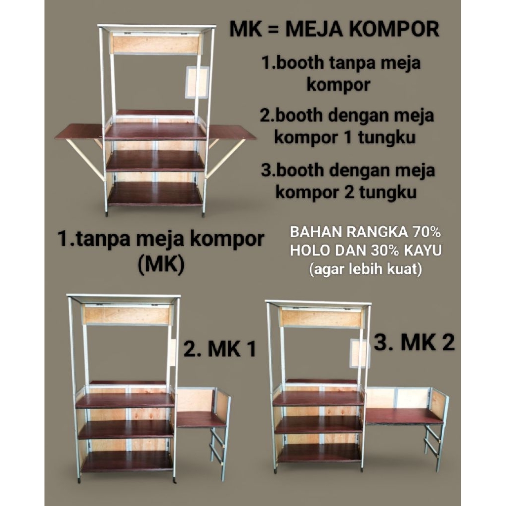 BOOTH PORTABLE GEROBAK LIPAT MEJA LIPAT rangka hollow dan kayu