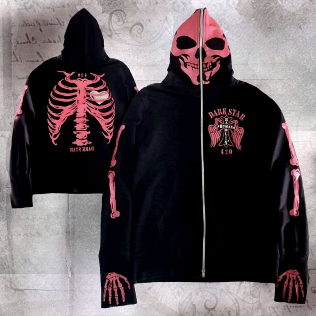 [PRELOVED] Full Zip up Black Hoodie Skeleton y2k Red Gothic Skull