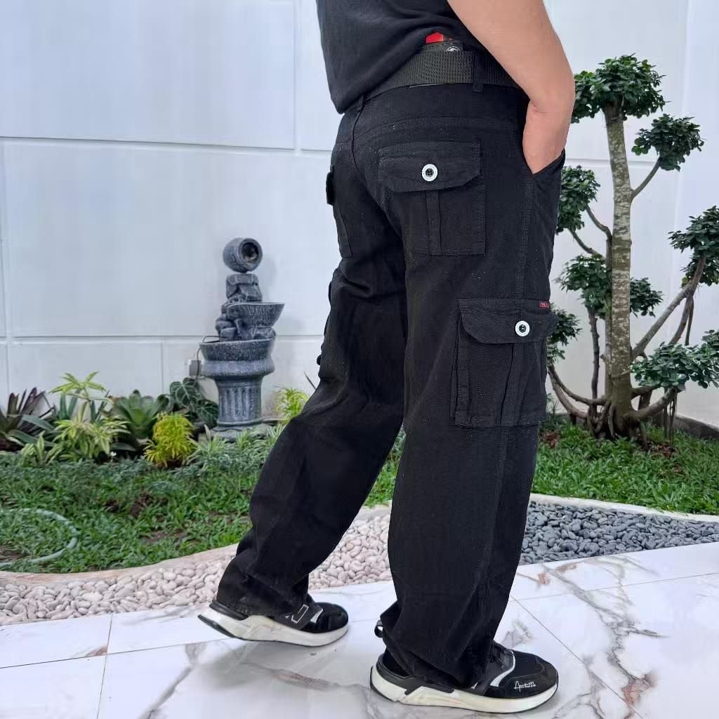 New Product Long Cargo Pants Jeans Pria Loose Fit Nstrech Regular Cargo Jeans Denim Black Sandwash