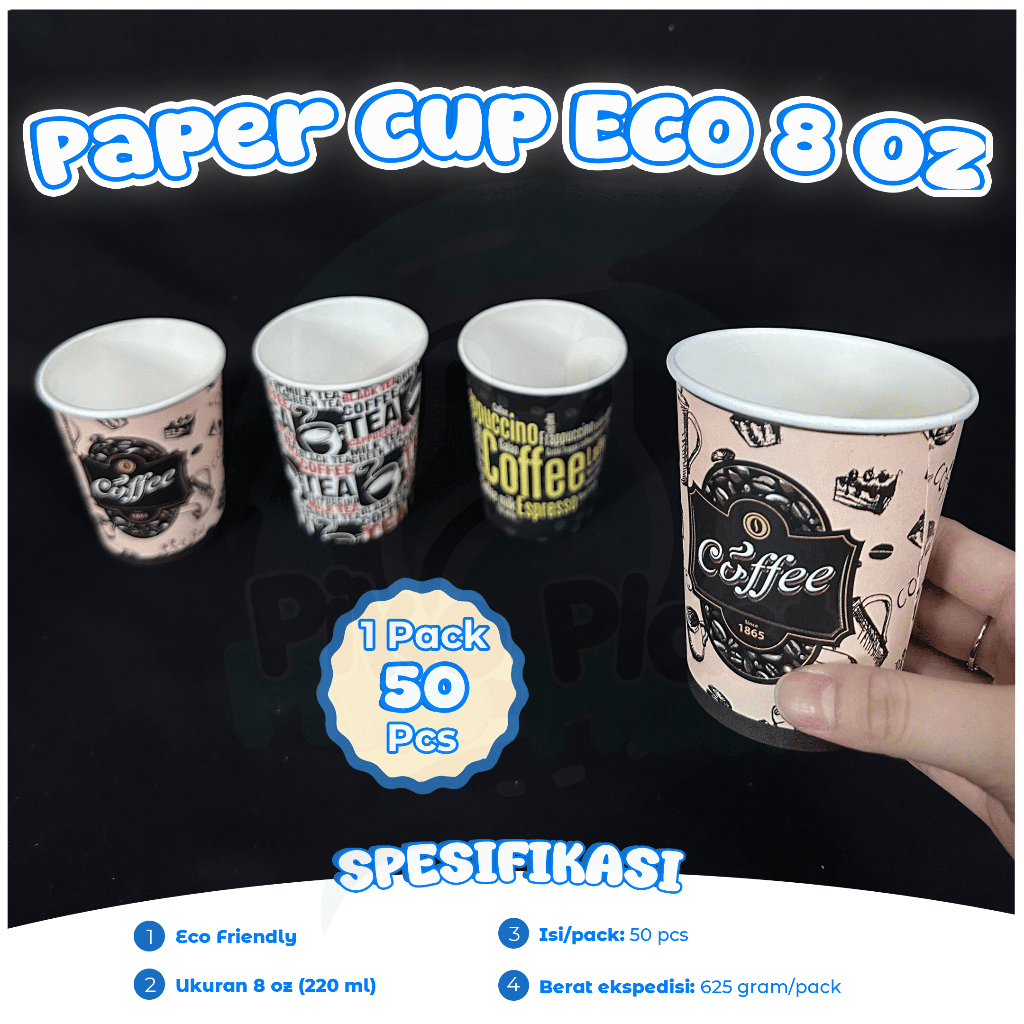 Paper Cup ECO 8 Oz Motif Random Isi 50 Pcs / Eco Friendly / Gelas Kopi Teh Kertas / Tahan Panas