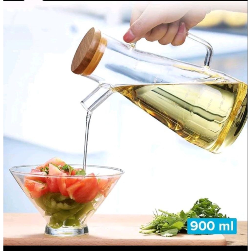 Botol Minyak Kaca 900ml / Botol Minyak Aesthetic Borosilikat Tutup Kayu / Botol Minyak Kaca Tahan Pa