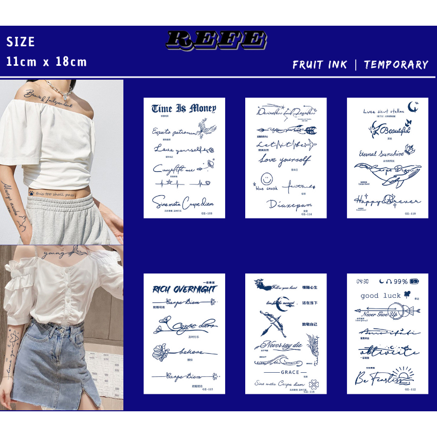 Tato Temporer Fruit Ink Tattoo Temporary Tahan Lama 14 Hari Motif Tulisan Tato Lengan, Dada, Leher