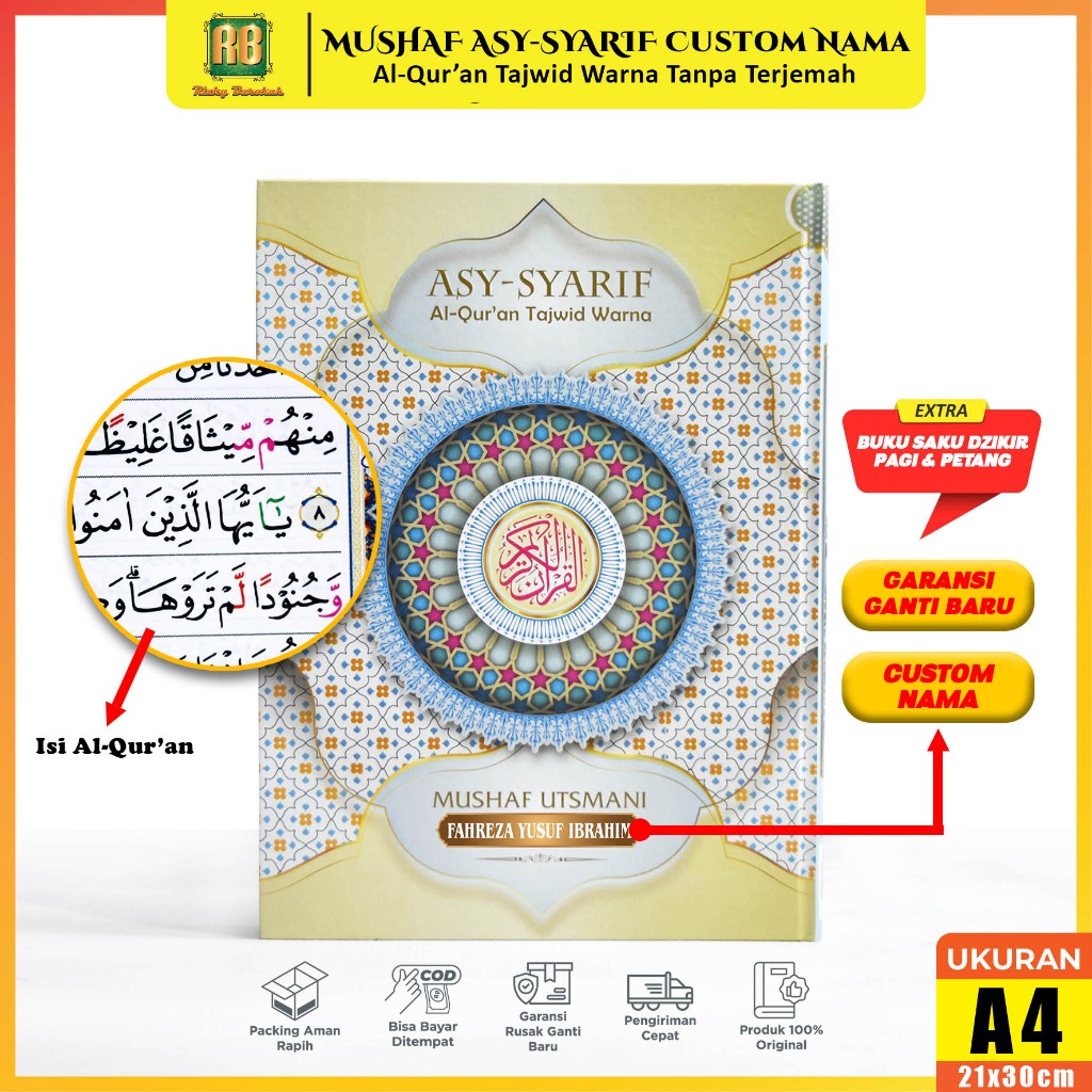 (UKURAN BESAR - 21x30cm) Mushaf Alquran Asy Syarif A4 Besar HC Tajwid Warna Al Quran Utsmani Non Ter