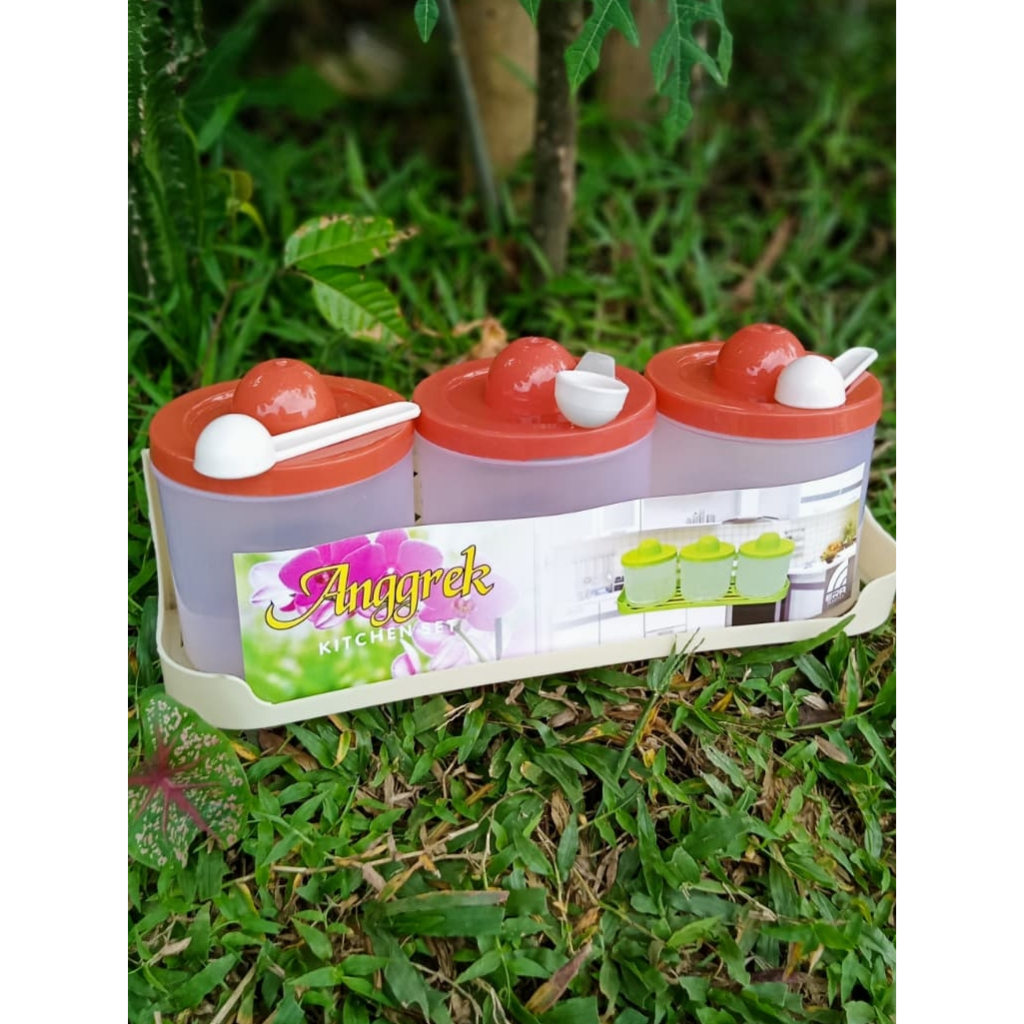1 Set Rak Bumbu Dapur - Tempat Wadah Gula Teh Garam / Tempat Garam Fee Sendok