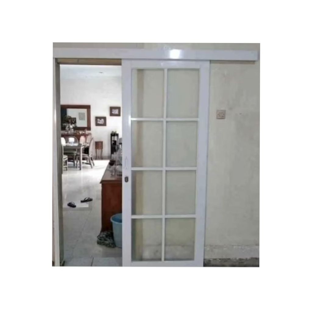 pintu aluminium sliding geser gantung kusen 3inc kaca 5mm + Lis ornamen kotak2.