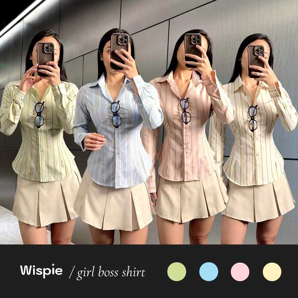 Money Fitted Shirt Kemeja Slim Motif Stripe Kemeja kerja wanita garis stripe karet Lembut pink biru 