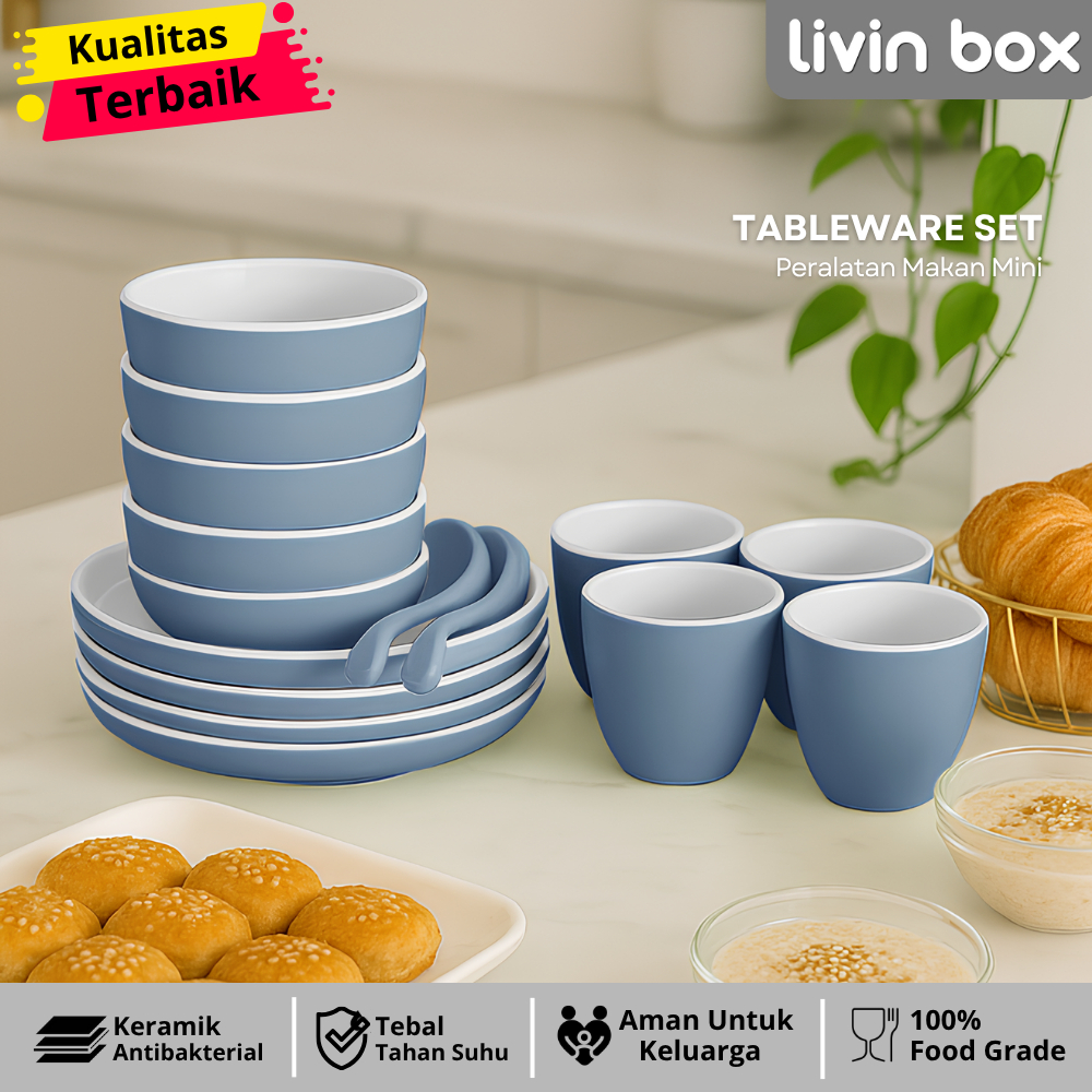 LIVINBOX 1 Set Hemat Alat Makan Mewah Elegan Ceramic Food Grade Sendok, Gelas, Mangkok dan Piring