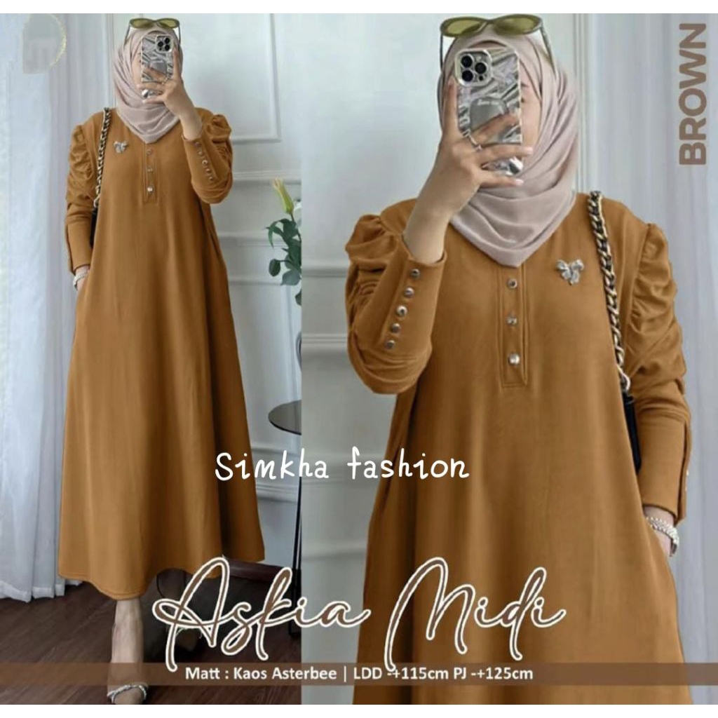 SF - Gamis Midi Askia Knit Rib Oska Premium Dress Terbaru Gamis Kancing Muslimah Viral
