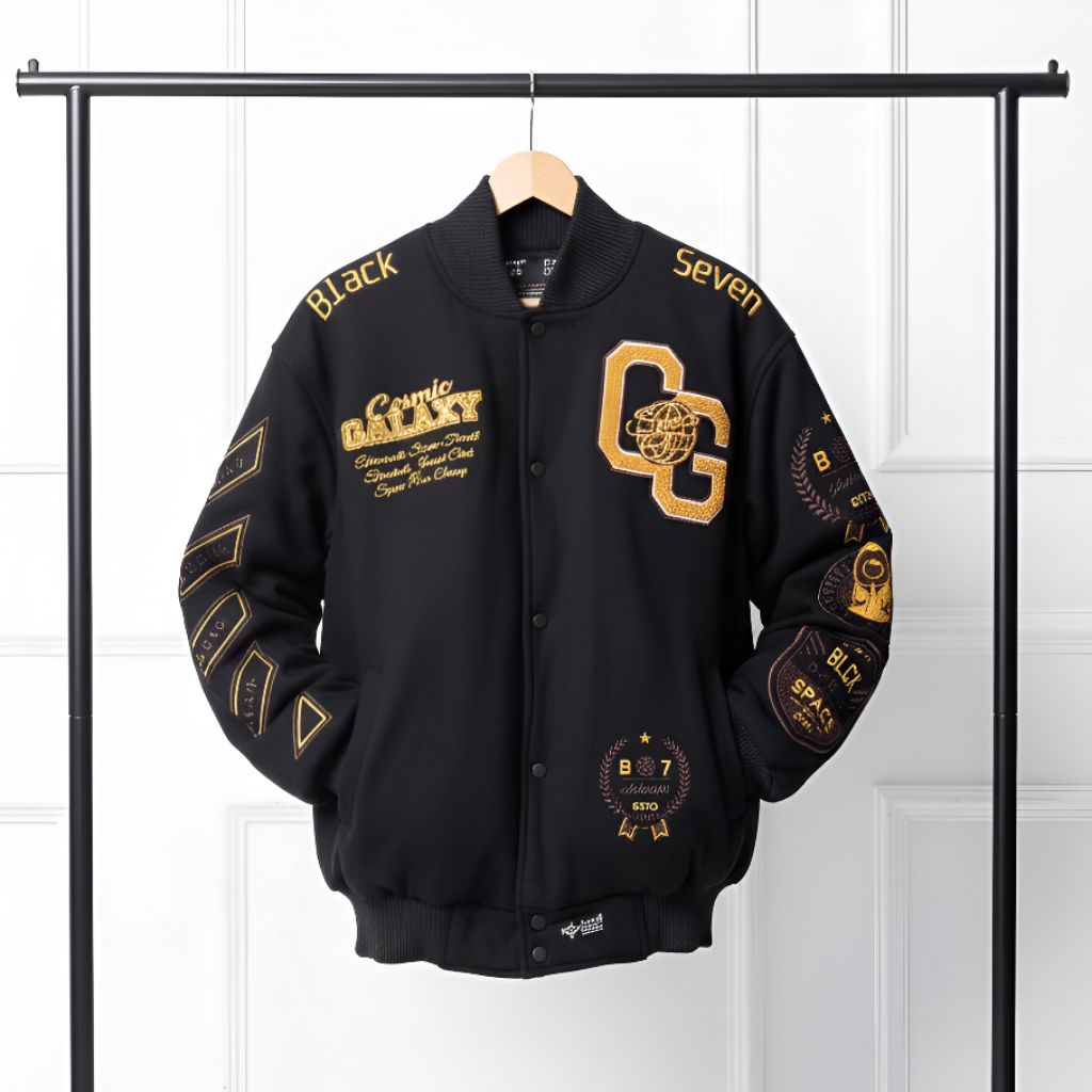 VARSITY JACKET COSMIC GALAXY BLACK GOLD | JAKET BASEBALL FLEECE BORDIR BLACKSEVEN | MILLENIAL STUDIO